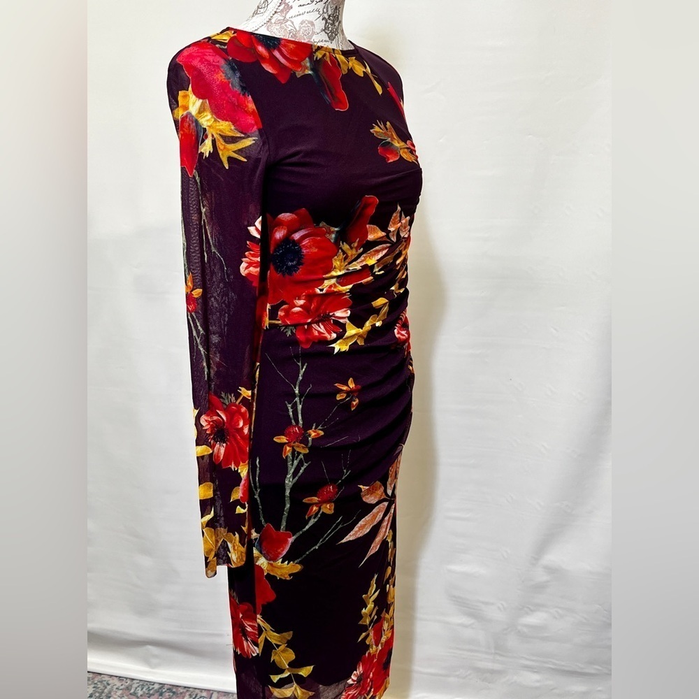 FUZZI Dark burgundy floral stretch midi dress size S/M.‎ - Picture 6 of 14